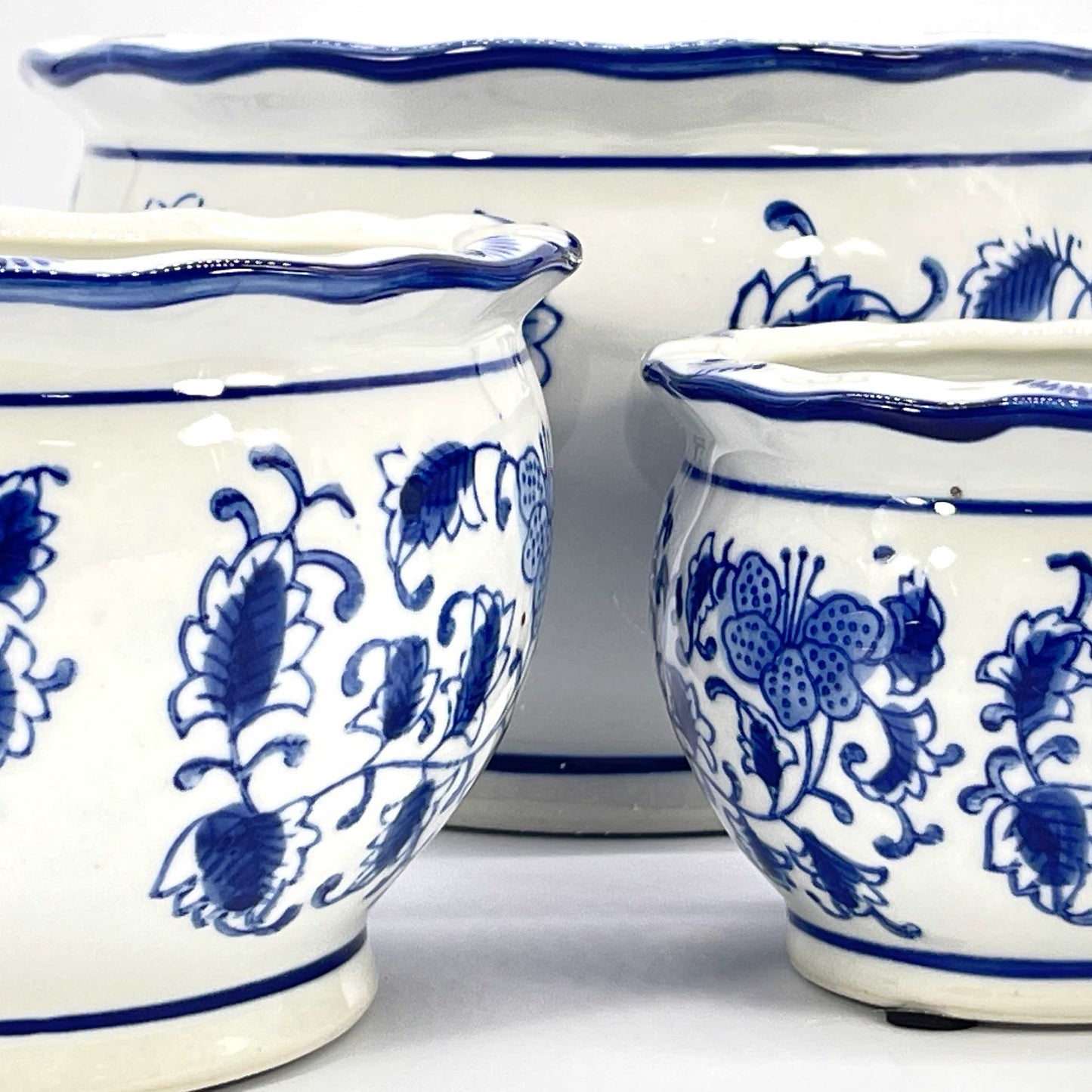 Set of 3 Blue & White Round Floral Ceramic Pots Ruffled Lip