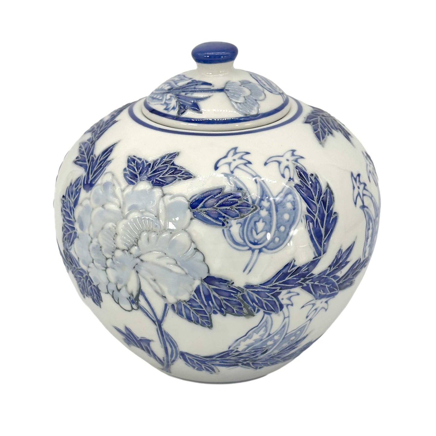 Blue & White Floral Ceramic Chinoiserie Ginger Jar 8"