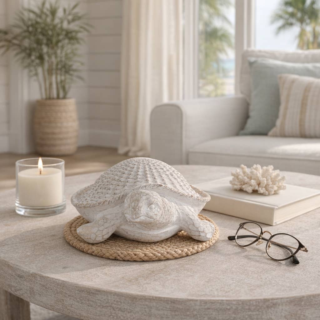 Decorative Figurine - White Resin Coastal Sea Turtle, 5 in.