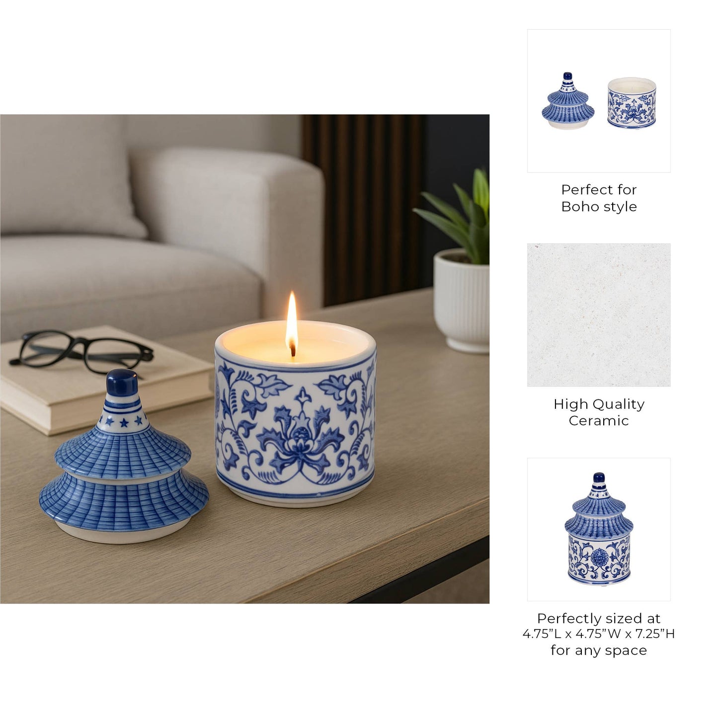 Candle - Blue Ceramic Plumeria Chinoiserie Pagoda, 9 Oz