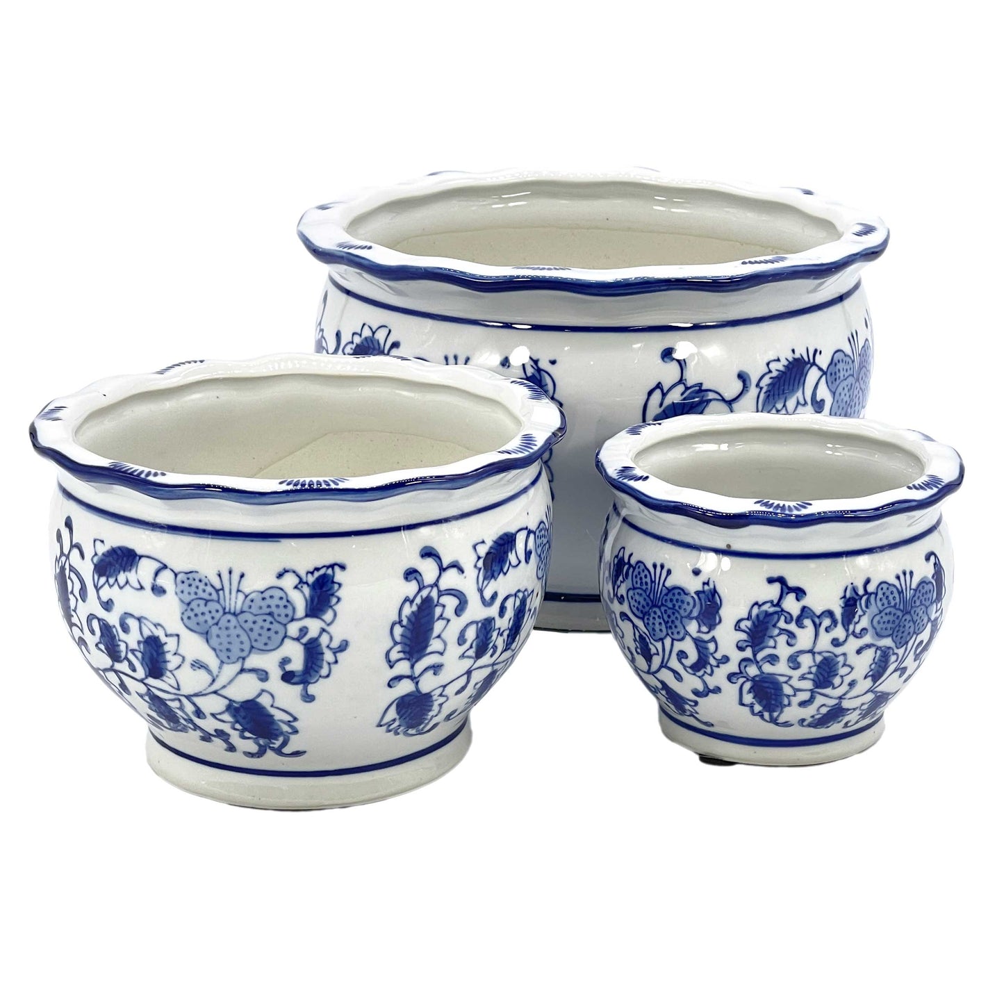 Set of 3 Blue & White Round Floral Ceramic Pots Ruffled Lip